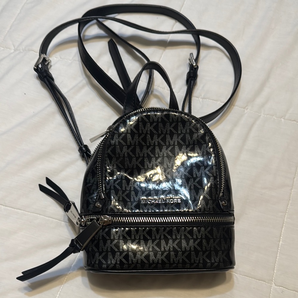 Michael Kors Black Glossy Backpack with Metallic Finish